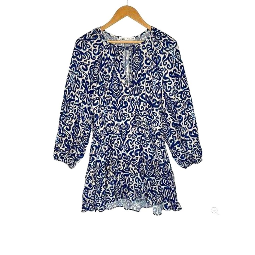 Zara Blue and White Patterned Long Sleeve Dress
